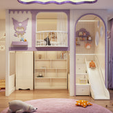 Children's room with bunk bed, slide, and play area.